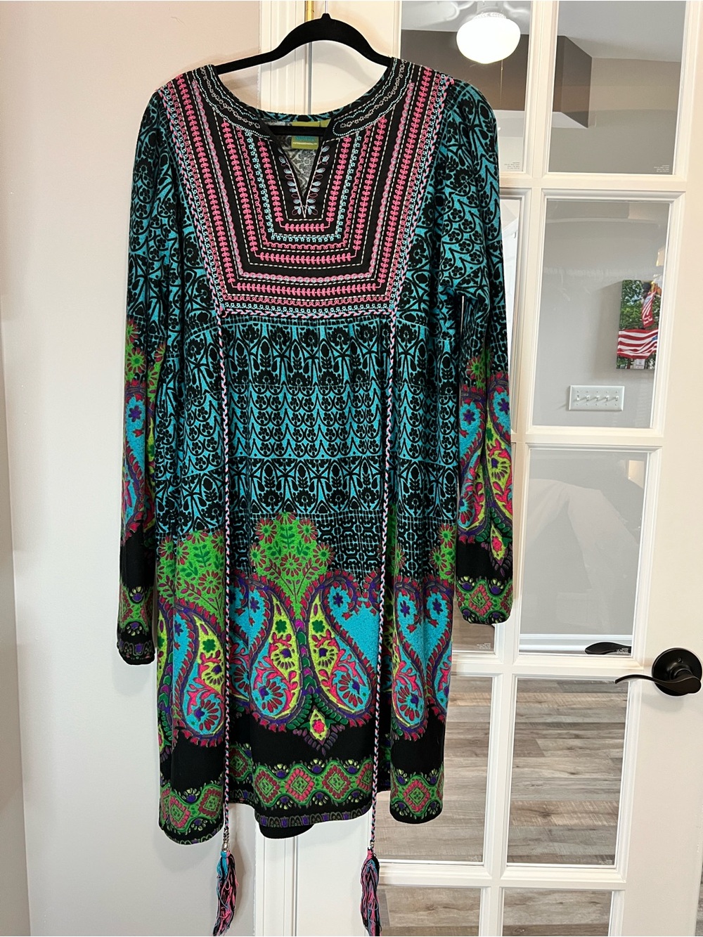 Urban Nomad Bohemian Paisley Long-Sleeve Tunic Dress in Teal & Pink Sz L/XL